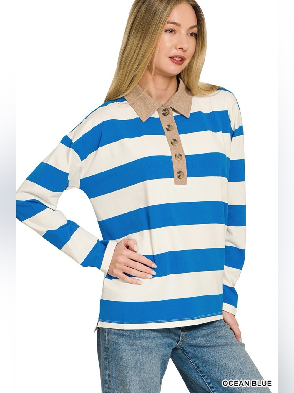 Zenana Striped Contrast Collar Polo Top - Picture 4 of 5